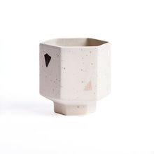 Load image into Gallery viewer, Hexagonal carved pot handmade and hand painted  in natural toned clay. 15cm wide x 15cm high.