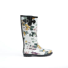 Load image into Gallery viewer, Gumboot in pretty floral print on white background. 100% waterproof rubber with cotton lining, pull-on.