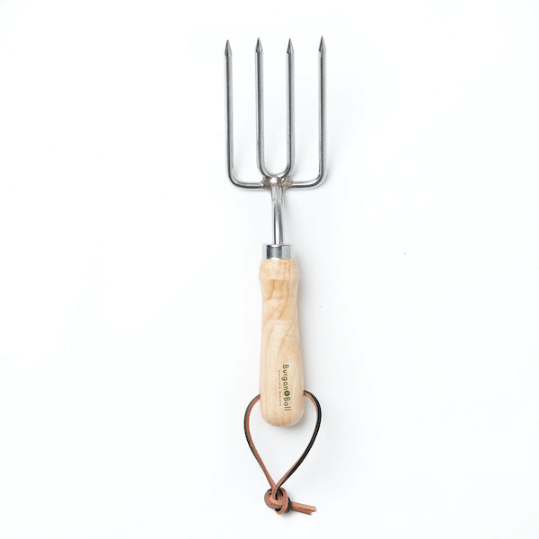 Round tined gardening fork by Burgon & Ball. Stainless steel with wooden handle.