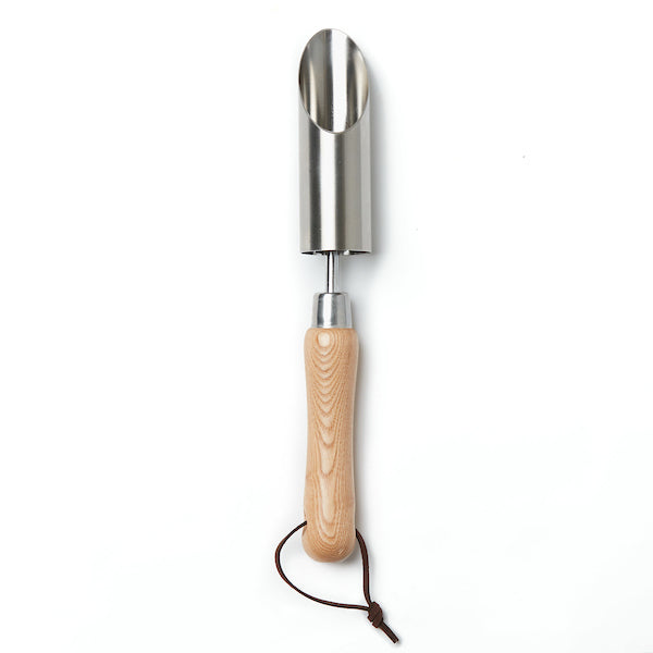 Stainless steel bulb trowel with wooden handle.