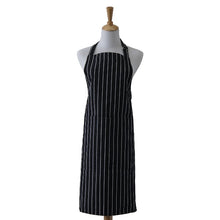 Load image into Gallery viewer, Black and white stripe apron in durable cotton with front pocket and adjustable straps.