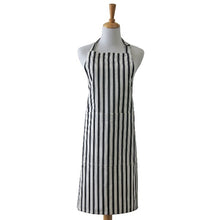 Load image into Gallery viewer, Apron in blue and white stripped cotton  with front pocket and adjustable straps.