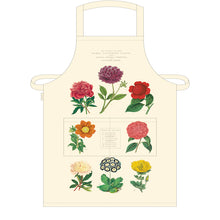 Load image into Gallery viewer, Apron in off white cotton with vintage flower images by Cavallini & Co. Front pocket and adjustable straps.