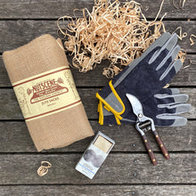 Load image into Gallery viewer, Dad's Gardening Hamper includes Jute Sacks, National Trust Secateurs, Gardeners Soap and Gardening Gloves.