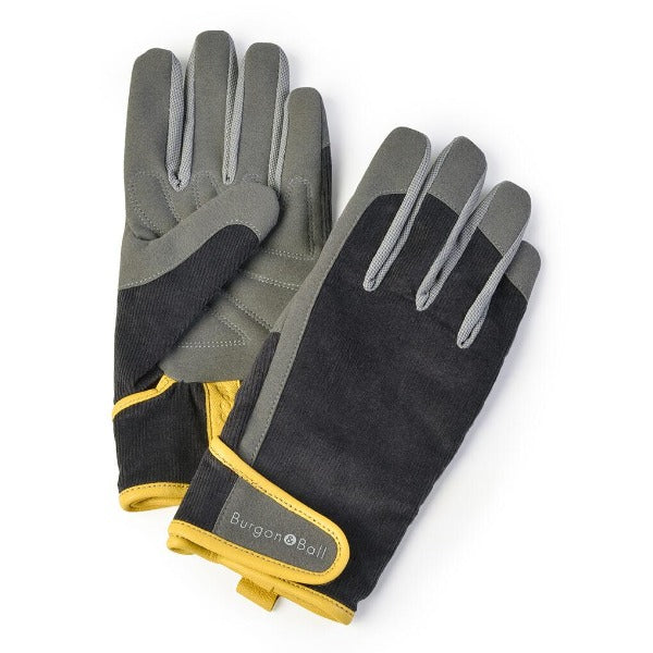 Mens gardening gloves in slate grey ultra soft fabric. Genuine leather trim in yellow.