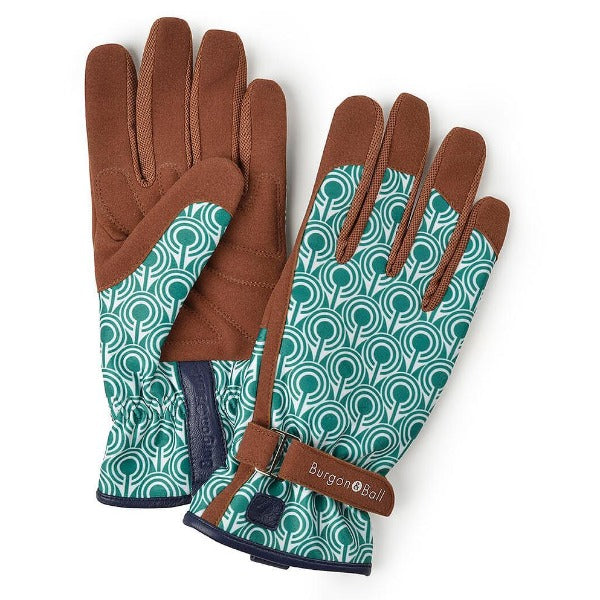 Ladies Gardening Gloves by Burgon & Ball. Deco pattern in teal blue and white with brown inserts.