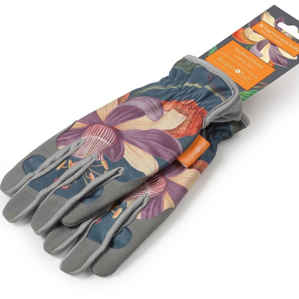 Ladies Gardening Gloves by Burgon & Ball. Floral pattern featuring the passion flower.