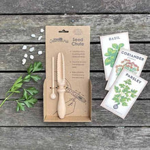 Load image into Gallery viewer, Heirloom Seed Pack includes Basil seeds, Coriander seeds and Parsley seeds together with a wooden seed chute.