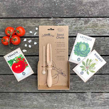 Load image into Gallery viewer, Heirloom Seed Pack includes Burnley Surecrop Tomato seeds, Boston Lettuce Seeds and Rocket seeds together with a wooden seed chute.