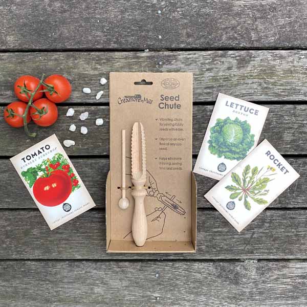 Heirloom Seed Pack includes Burnley Surecrop Tomato seeds, Boston Lettuce Seeds and Rocket seeds together with a wooden seed chute.