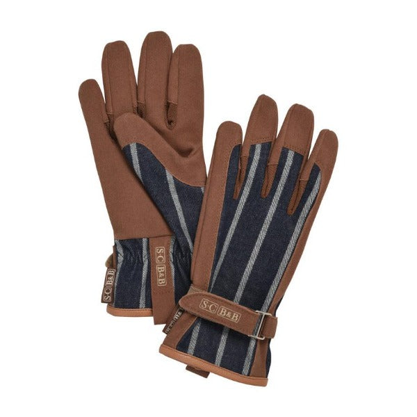 Ladies striped gardening gloves by Sophie Conran for Burgon & Ball. Navy with with brown faux leather.