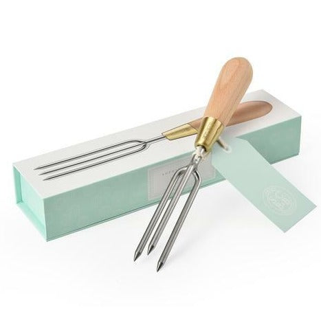 Sophie Conran for Burgon & Ball stainless steel three prong weeder  with wooden handle presented in gift box.
