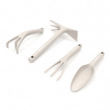 Load image into Gallery viewer, Gardening Tool Set in lightweight beige fibreglass. Includes, trowel, hand fork, cultivator, hoe and gardening gloves. Presented in a box.
