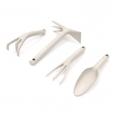 Gardening Tool Set in lightweight beige fibreglass. Includes, trowel, hand fork, cultivator, hoe and gardening gloves. Presented in a box.
