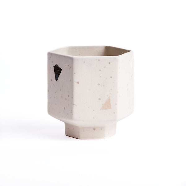Hexagonal carved pot handmade and hand painted  in natural toned clay. 15cm wide x 15cm high.