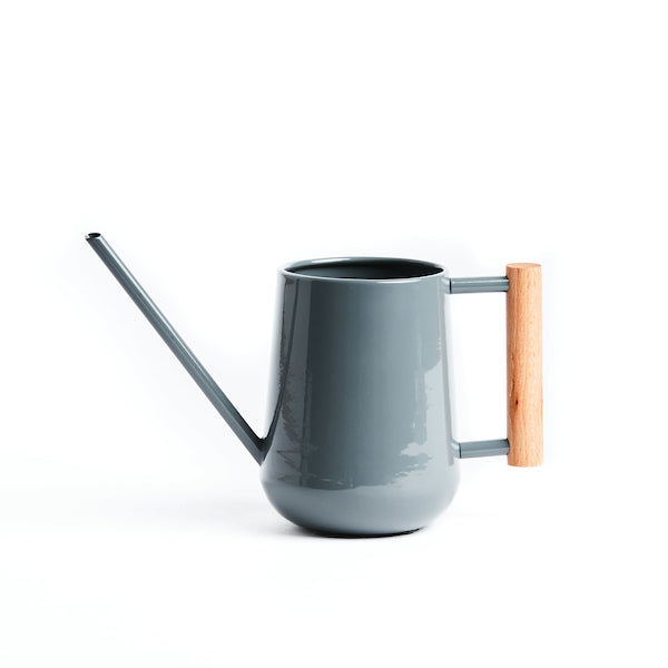 Indoor watering can by Burgon & Ball in shiny charcoal steel finish with FSC beech handle.