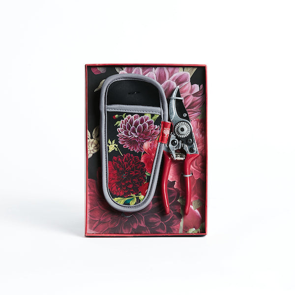 Secateurs with storage holster in British Bloom floral design by Burgon & Ball, gift boxed.