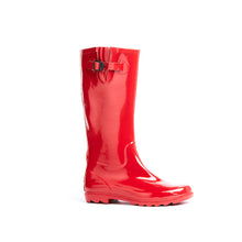 Load image into Gallery viewer, Gumboots in 100% waterproof  shiny bright red rubber, cotton lined, pull-on.
