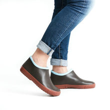 Load image into Gallery viewer, Garden shoes in chocolate brown waterproof rubber with sky blue trim. Cotton lining.
