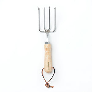 Round tined gardening fork by Burgon & Ball. Stainless steel with wooden handle.