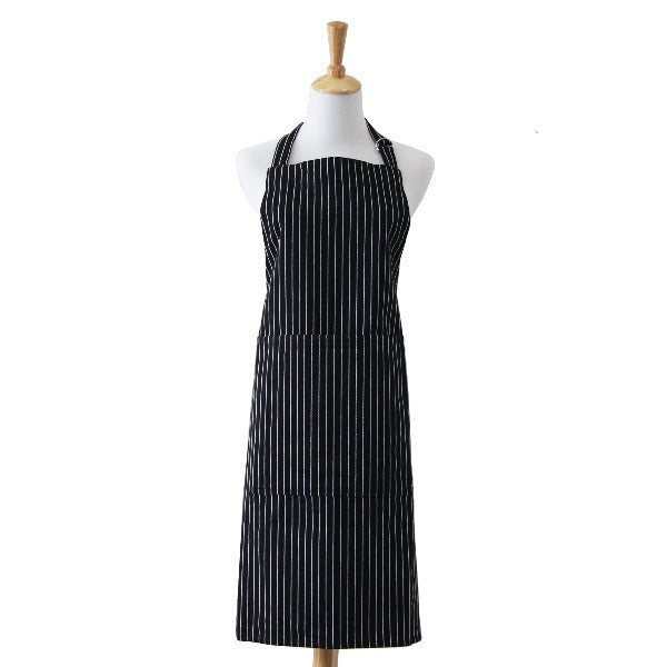 Black and white pinstripe apron in durable cotton with front pocket and adjustable straps.