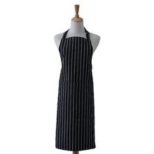 Load image into Gallery viewer, Black and white stripe apron in durable cotton with front pocket and adjustable straps.
