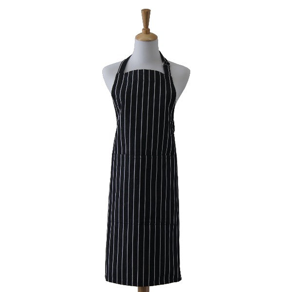 Black and white stripe apron in durable cotton with front pocket and adjustable straps.