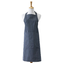 Load image into Gallery viewer, Charcoal and white stripe apron in durable cotton with front pocket and adjustable straps.
