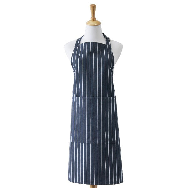 Charcoal and white stripe apron in durable cotton with front pocket and adjustable straps.