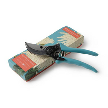 Load image into Gallery viewer, Secateurs by Burgon &amp; Ball. By pass with blue rubber handles, presented in a gift box with chrysanthemum motif.

