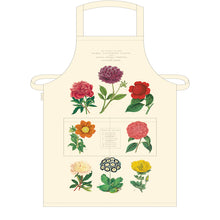 Load image into Gallery viewer, Apron in off white cotton with vintage flower images by Cavallini &amp; Co. Front pocket and adjustable straps.

