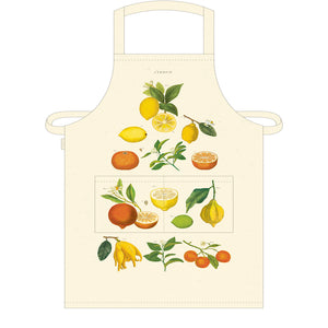 Apron in off white cotton with vintage citrus images from Cavallini & Co. Front pocket and adjustable straps.