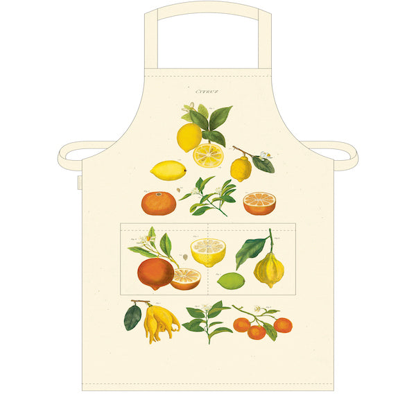 Apron in off white cotton with vintage citrus images from Cavallini & Co. Front pocket and adjustable straps.