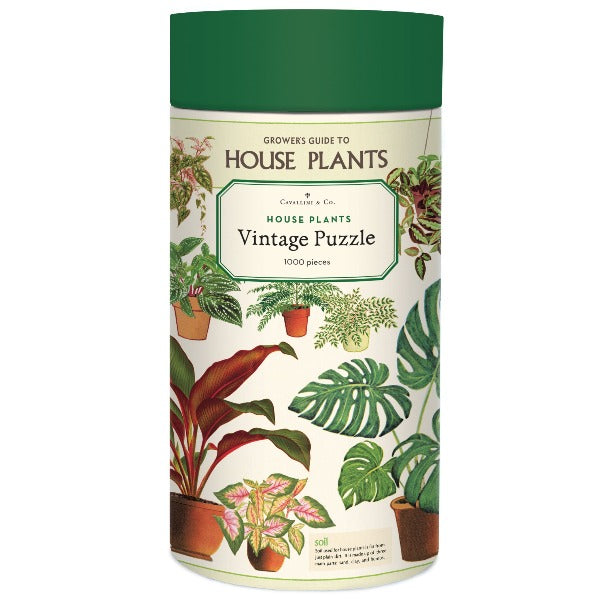 House Plants design Jigsaw puzzle for adults by Cavallini & Co. Canister includes 1000 pieces stored in a drawstring bag with design poster guide.