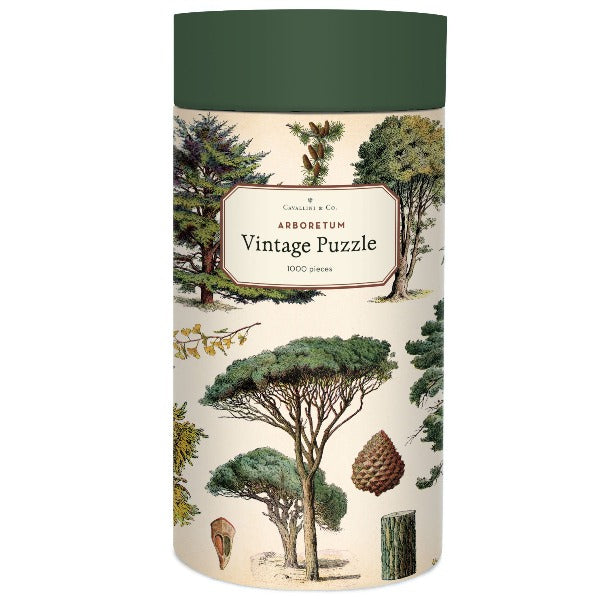 Arboretum design Jigsaw puzzle for adults by Cavallini & Co. Canister includes 1000 pieces stored in a drawstring bag with design poster guide.