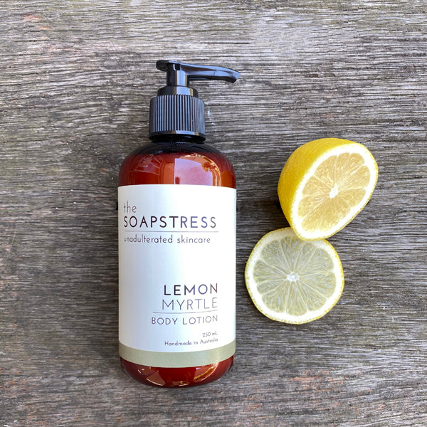 The Soapstress Lemon Myrtle Body Lotion 250ml pump bottle.