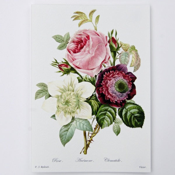 Handmade Greeting Card,  featuring Rose, Anemone & Clematide flowers, blank inside.