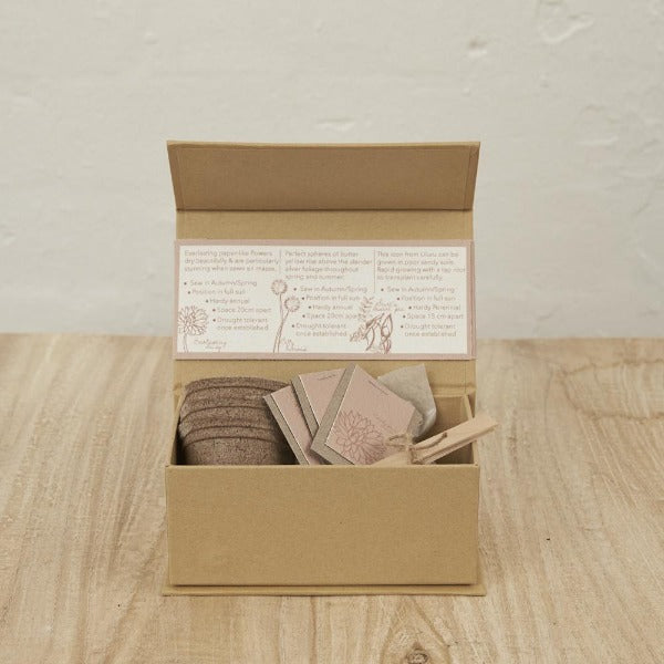 Seed kit, presented in a cardboard box with instructions for planting. Choose from flowers, edible flowers or herbs.