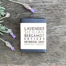 Load image into Gallery viewer, Handmade  Lavender &amp; Sicilian Bergamot Botanical Soap Bar. by The Soapstress.
