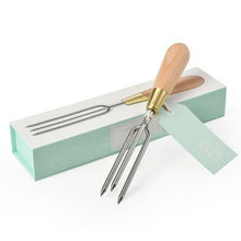 Load image into Gallery viewer, Sophie Conran for Burgon &amp; Ball stainless steel three prong weeder  with wooden handle presented in gift box.
