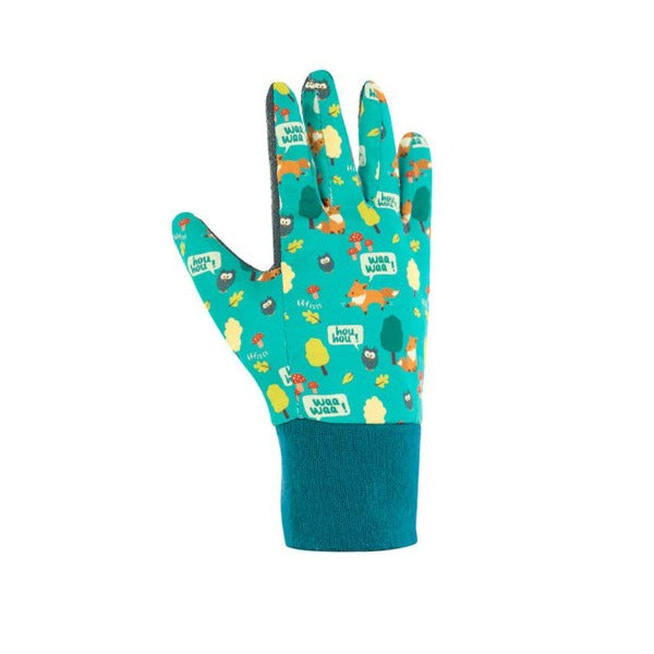 Kid's gardening gloves in teal blue with fitted wrist band.