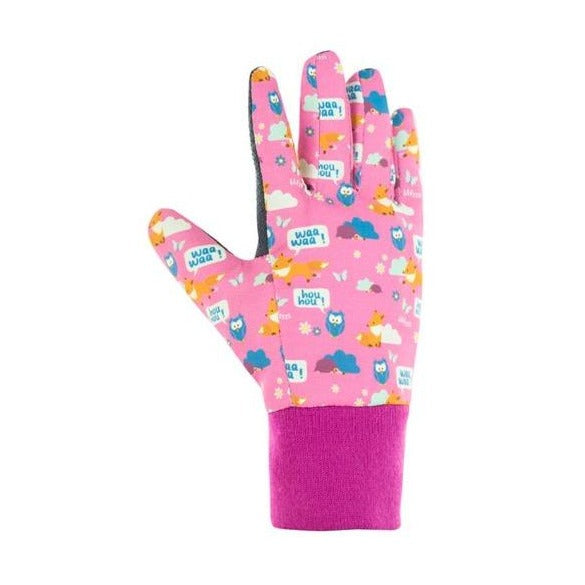 Kid's gardening gloves in pink with fitted wrist band.